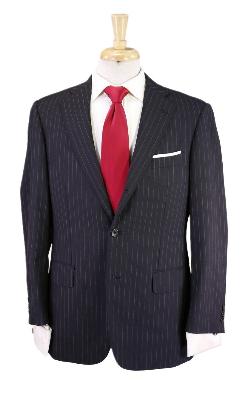 J Press Navy Blue Pinstripe Chalkstripe English Wool 3/2 Roll Lapel Suit 38S